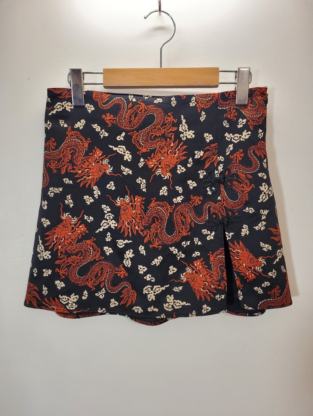 Zara Black Mini Skirt with Red Dragon Chinese Print -Side Slit- Size M